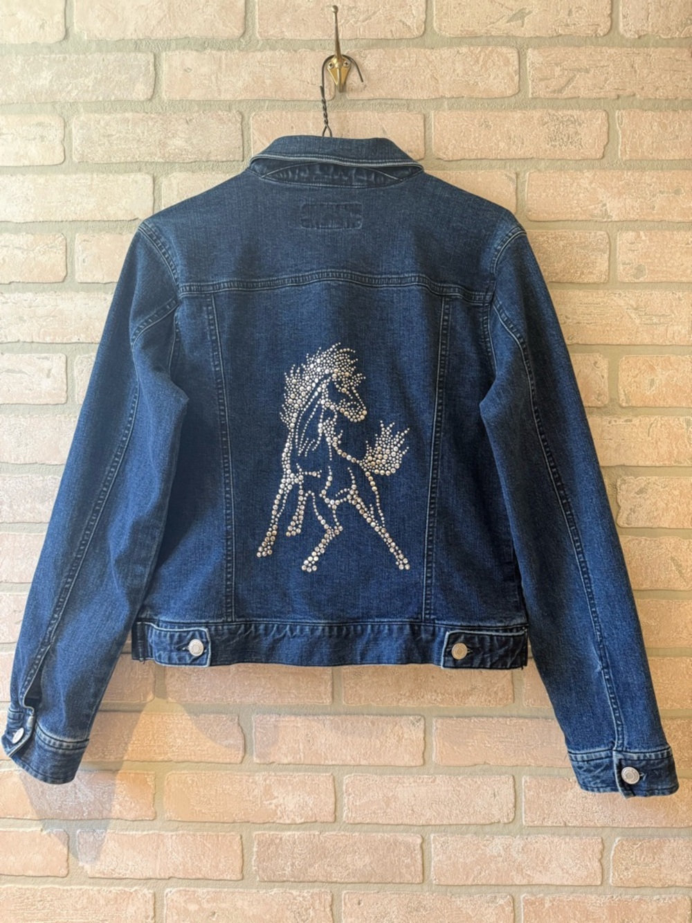 Vintage Old Navy Blue Jeans Denim Jacket with Rhinestone Horse Back Design